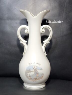 1972 Holly Hobbie Genuine Porcelain Vase Japan Made Double Handle MCM Gold Trim